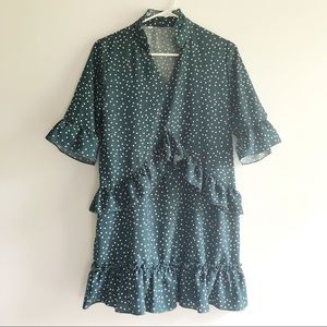 Teal Dress White Polka Dots Ruffle Detail